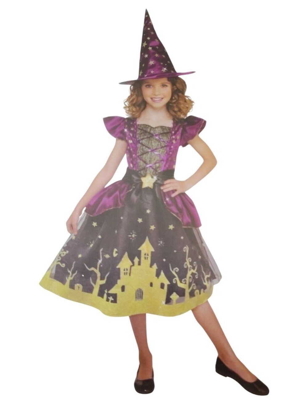 Way To Celebrate Girls Starry Witch Costume Medium 7-8 Glow in Dark Dress Hat